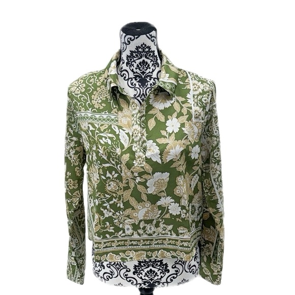 Nordstrom Deep Lime Silk-like Long Sleeve Patch Green Floral Blouse - Picture 3 of 13